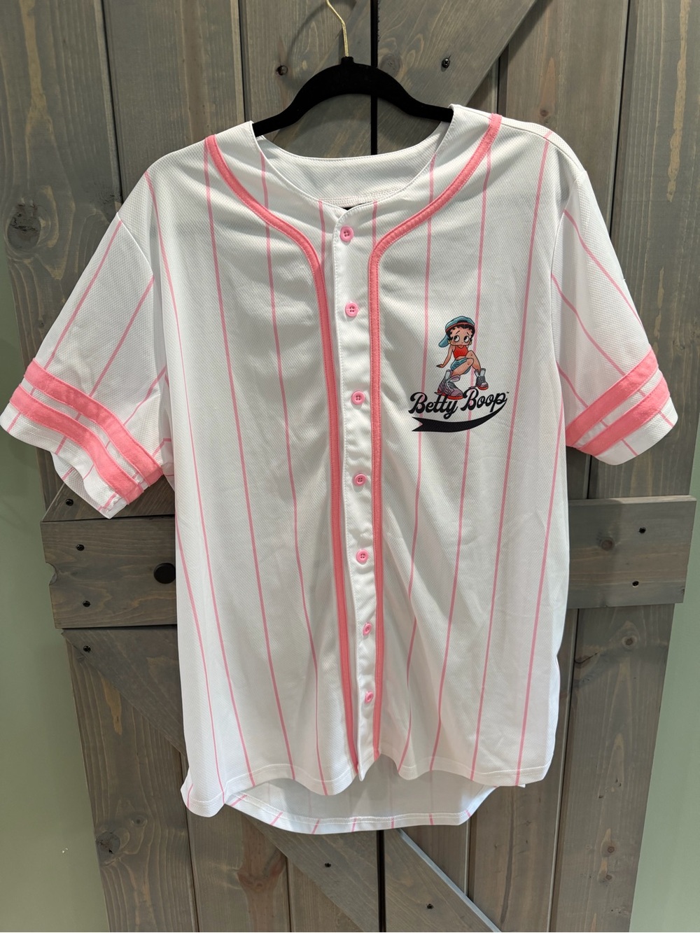 Betty Boop White Pink Pinstripe Baseball Jersey Button Front Men’s L